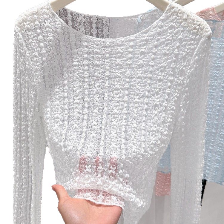 French Lace Long Sleeve T Shirt for Women Lightweight Sheer Slim Fit Round Neck Summer Layering Top Wholesale