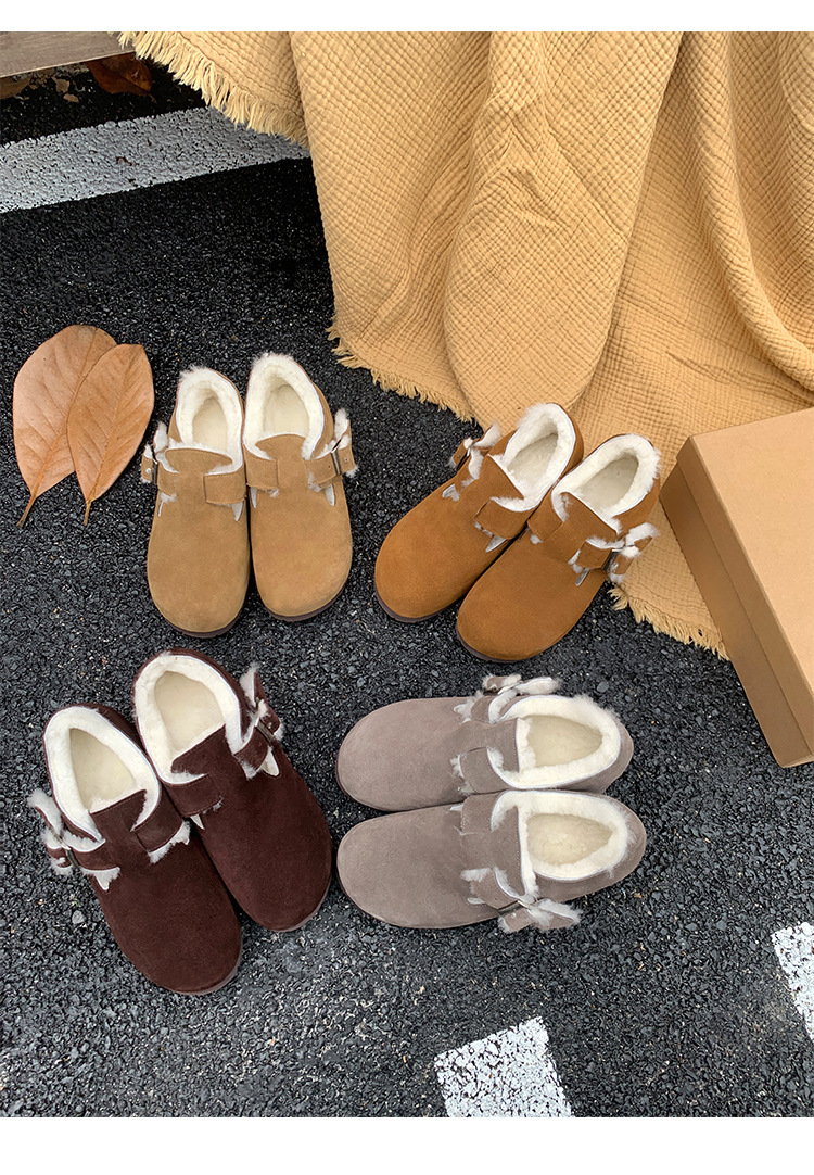 Giày lười nữ lông cừu nguyên tấm đế dày tăng chiều cao, giày bông mùa đông — cà phê nâu, màu kê, màu xám, quả mơ