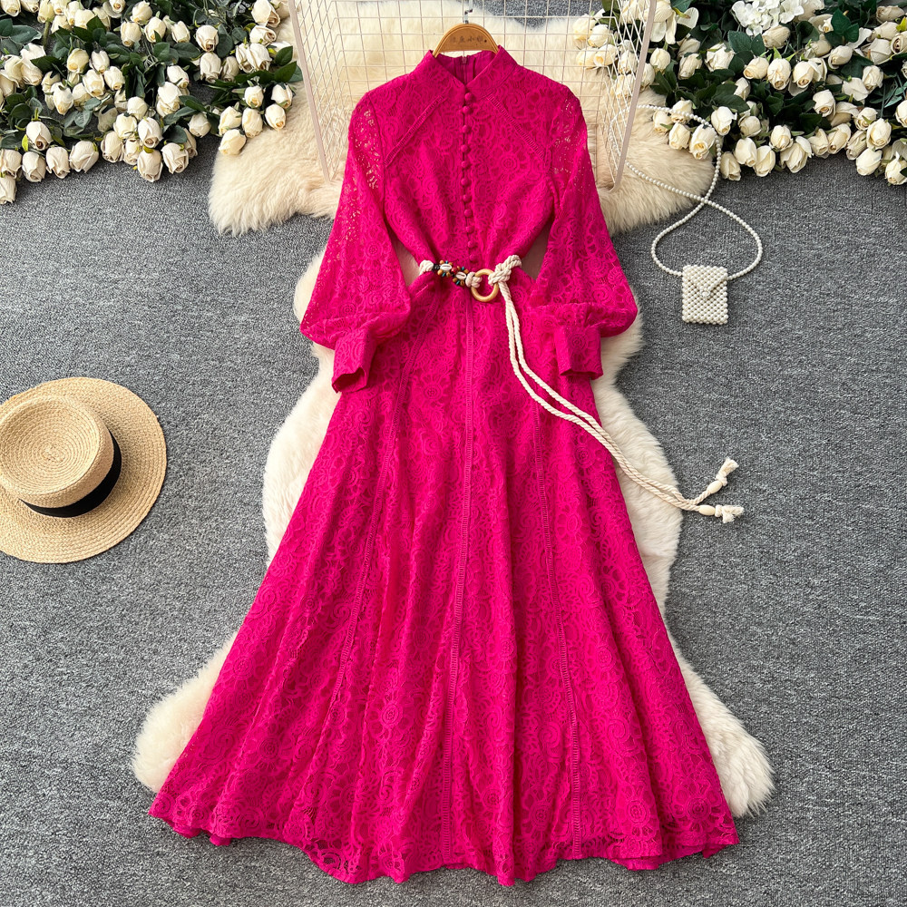 Elegant Red Lace A Line Dress Long Sleeve Waist Defined Breathable Fabric Spring Office Wear Wholesale Available