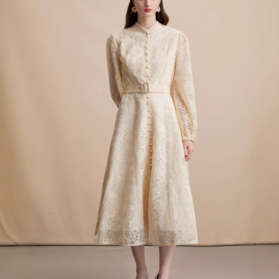 Elegant French Style Lace Embroidered Dress High Quality Fabric Tailored Fit Button Closure Flared Skirt Perfect