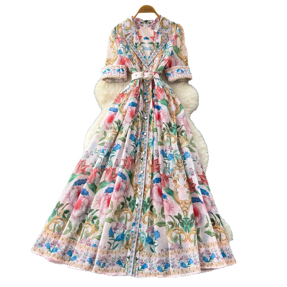 Vintage French Style Short Sleeve Printed Dress for Women V Neck Waist Defined A Line Flowy Skirt Summer Vacation