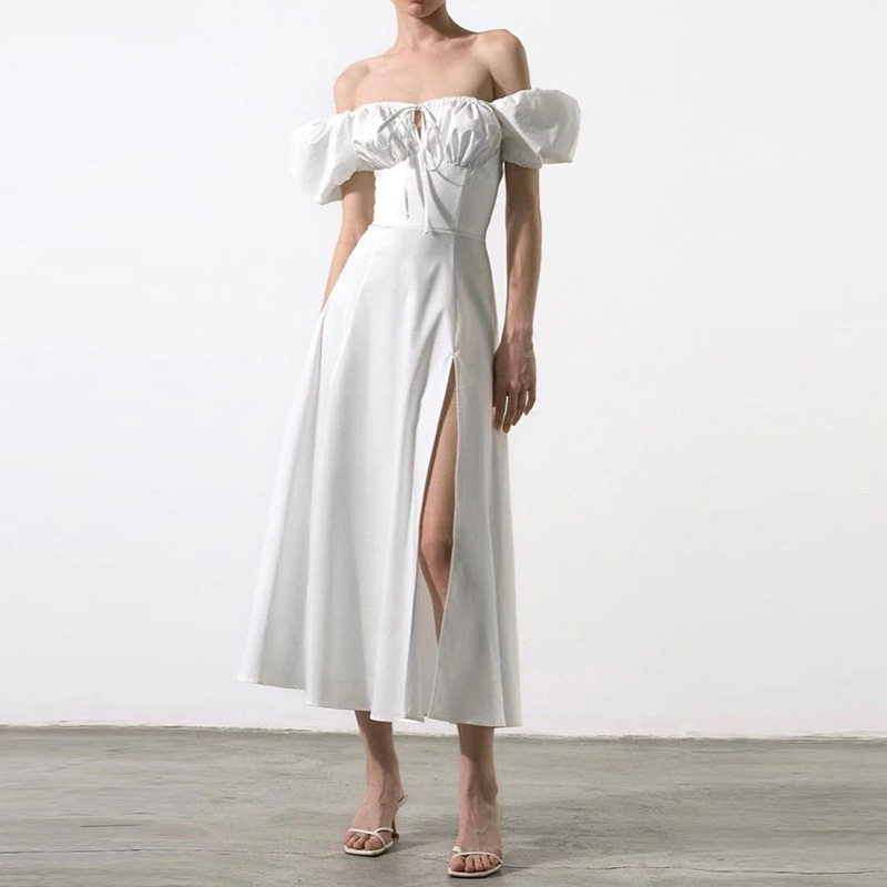 High Waist Solid Color Dress Puff Sleeve Split Hem Vacation Style Spring Collection Wholesale Available