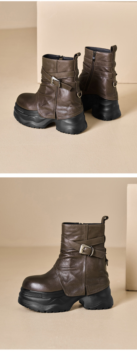 Boot nữ cổ thấp tăng chiều cao 12cm đế dày khóa kéo bên hông — Kaki lót đơn, Lớp lót đơn màu đen, Lớp lót đơn màu nâu, Lót nhung đen
