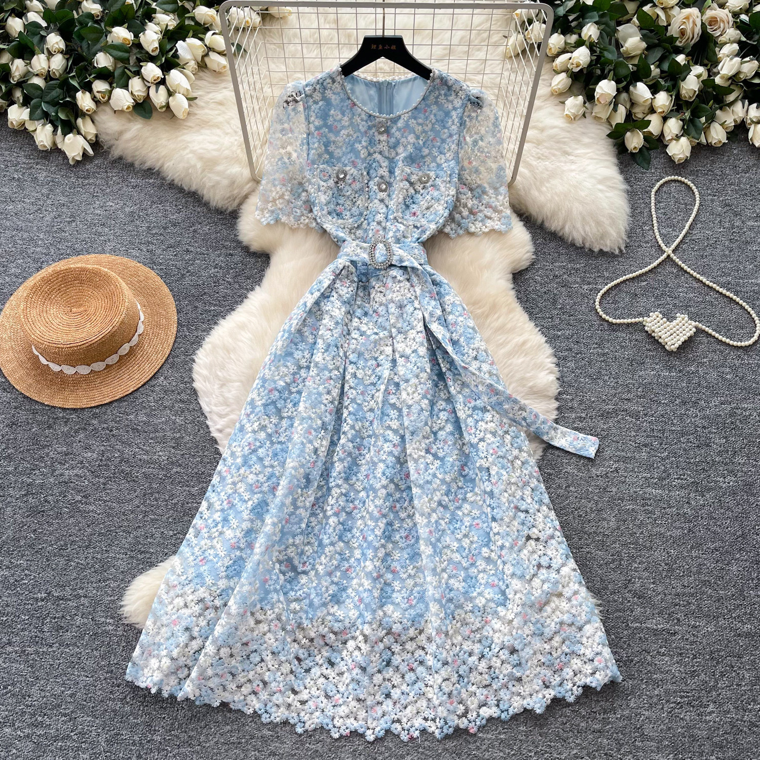 Pink Lace Hollow Out Short Sleeve Dress High Waist A Line Silhouette Elegant Summer Office Wear Wholesale Available