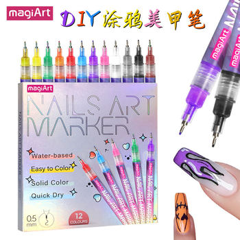 Cross-Border Popular Nail Art Graffiti Pen 12-Color Acrylic Paint Pen for Nail Painting DIY Quick-Dry Dotting and Outlining Pen