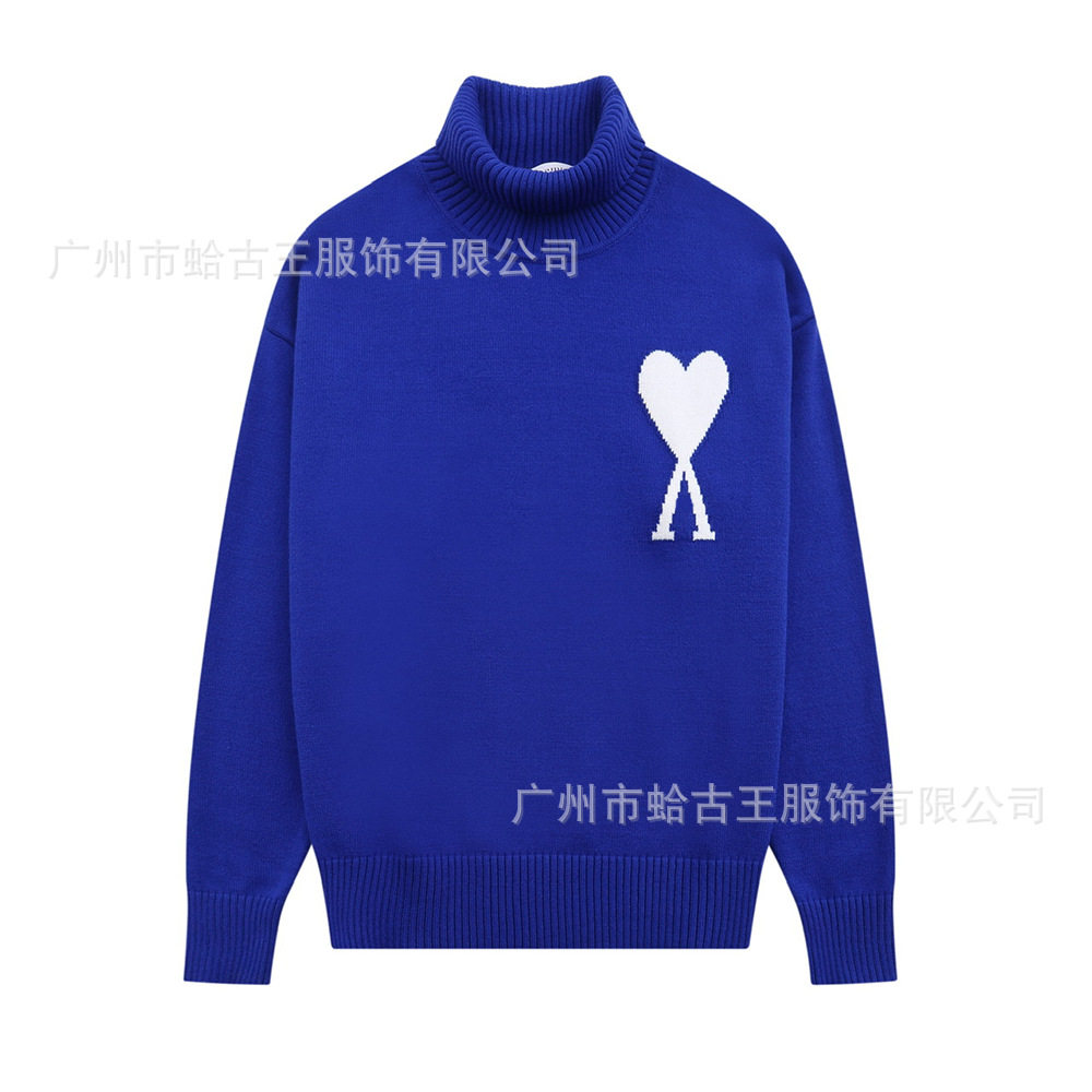秋冬新款高领爱心毛衣男女条纹青年桃心跨境外贸休闲套头针织衫