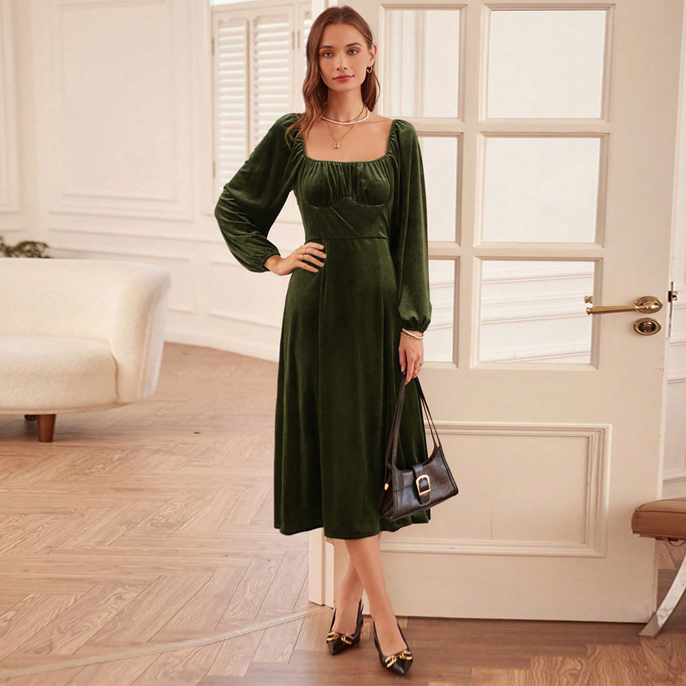French Vintage A Line Velvet Dress Slim Fit Square Neck Long Sleeve Autumn Winter Fashion Wholesale Available