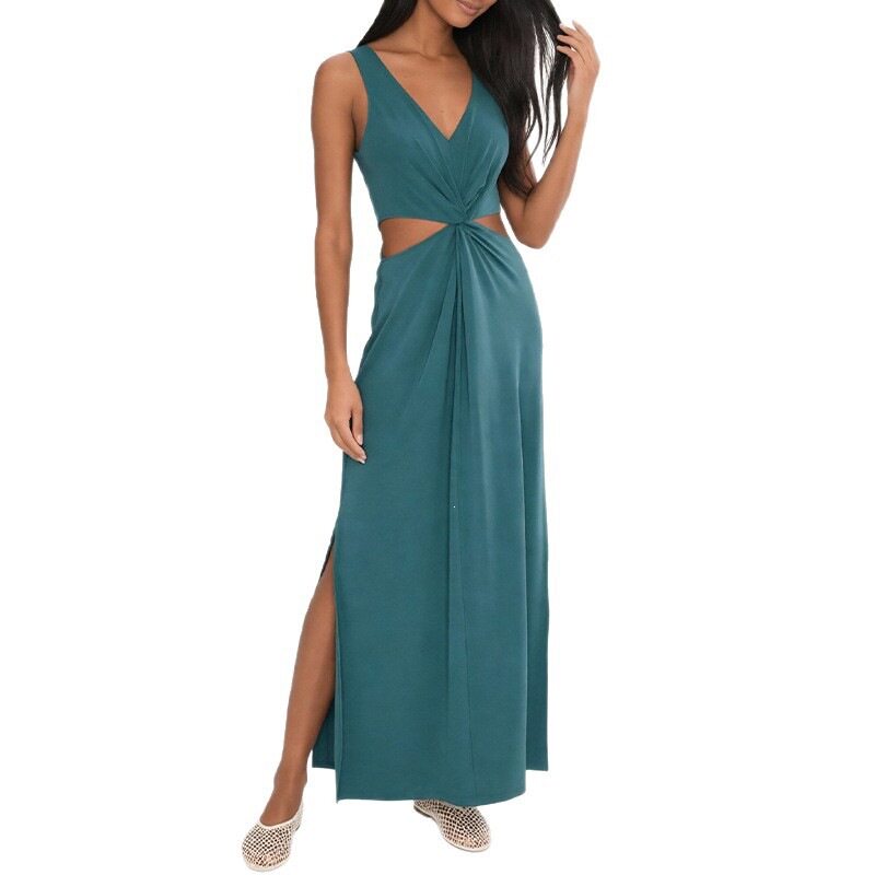 Summer Long Dress for Women Elegant V Neck Solid Color Lightweight Fabric Perfect for Casual or Formal Occasions
