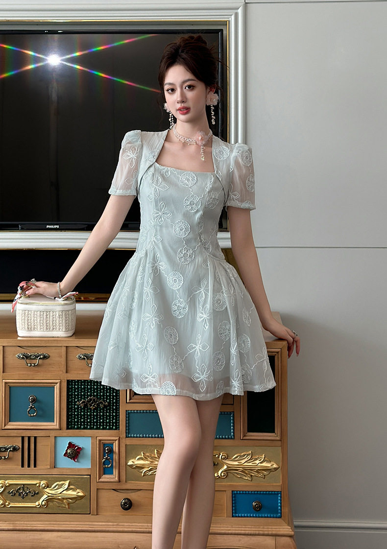 Đầm suông nữ midi ren tay ngắn cổ vuông phong cách Pháp — [Xanh nước biển] chi tiết 9