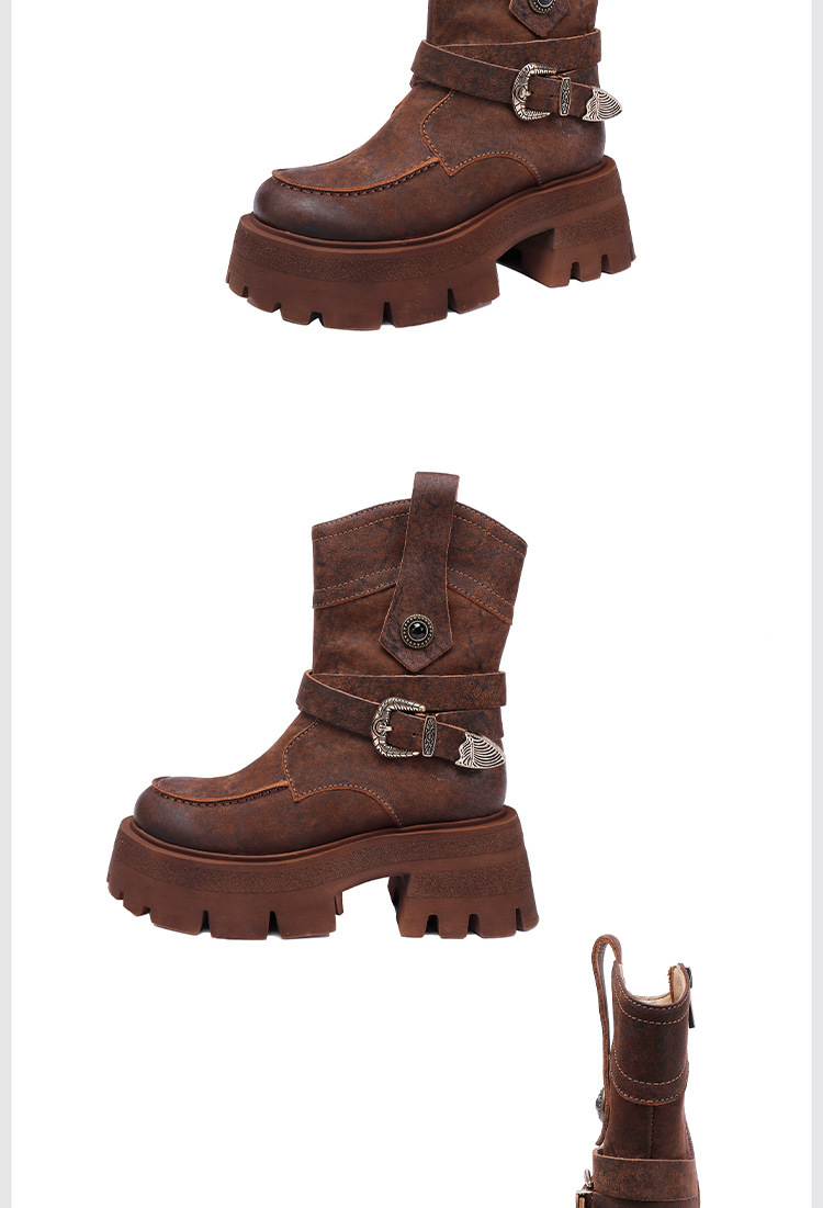 Boot Martin nữ cổ ngắn da bò thật khóa kim loại đế dày