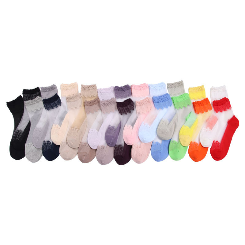 春季薄款中筒袜棉底玻璃丝袜子女蕾丝花边短款袜子防滑透气水晶袜