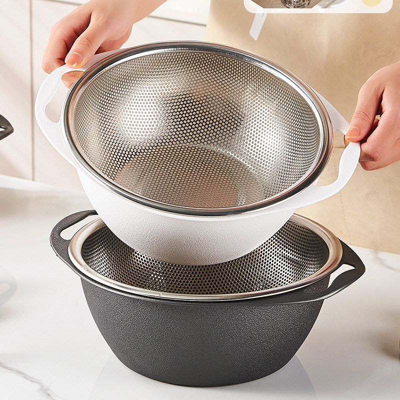 Stainless steel double-layer vegetable washing basin draining basket kitchen washing fruit filter basket drenching water leakage artifact vegetable washing basket rice washing