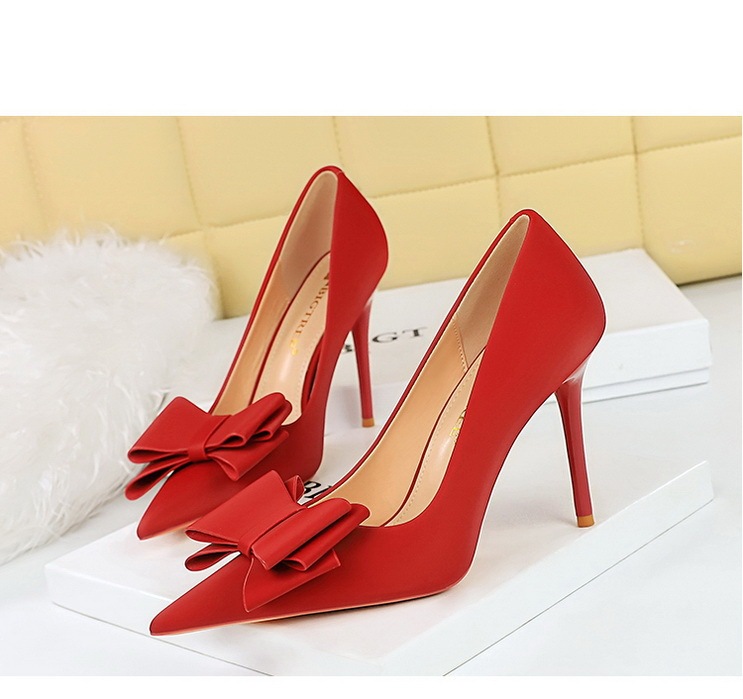 Giày cao gót nữ mũi nhọn chất liệu satin thắt nơ, giày dự tiệc thanh lịch — Màu đen, Màu đỏ hoa hồng, Màu đỏ rượu, Màu hồng