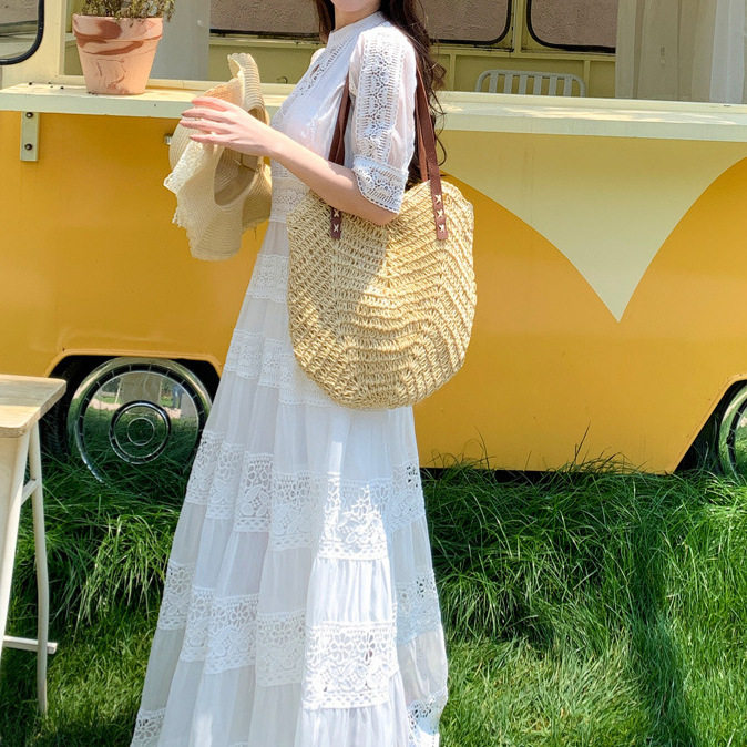 French Elegant Lace Patchwork Dress Summer Long Dress with Puff Sleeves Vacation Wear for Women OEM Available