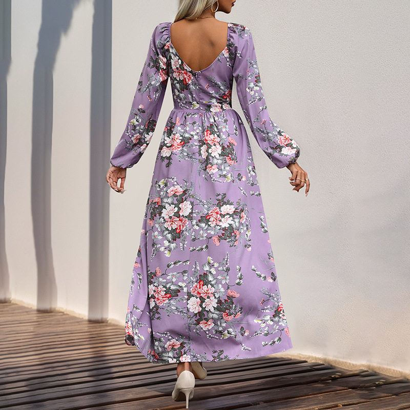 Womens Long Sleeve V Neck Floral Dress Autumn Style European and American Fashion Wholesale Available