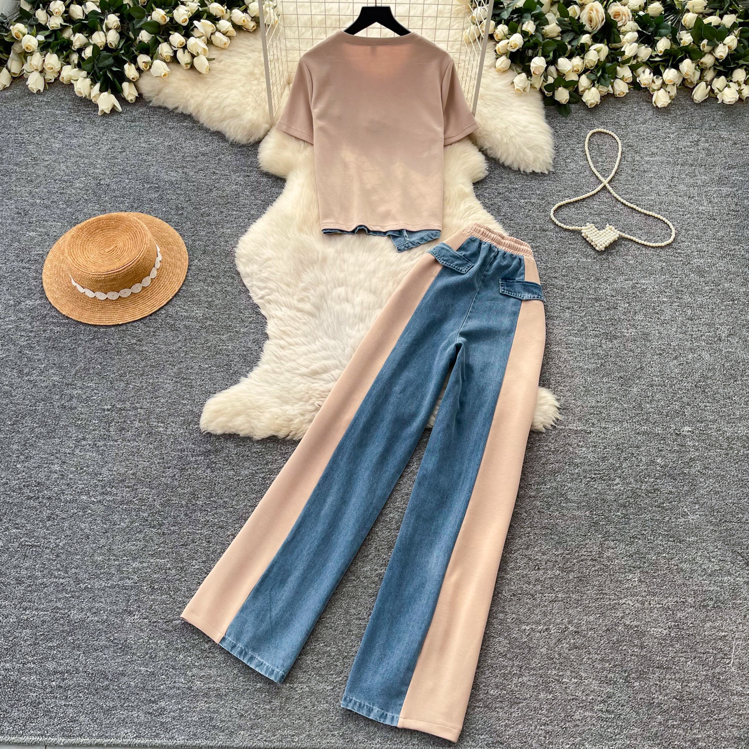 Retro Patchwork Denim Two Piece Set for Women Slim Fit High Waist Casual Style Summer Collection Ready to Ship