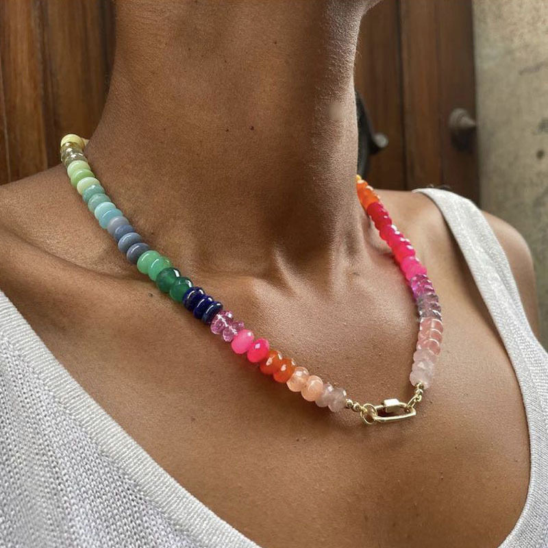 New Rainbow Natural Stone Necklace Clavicle Chain Elegant Design Beach Vacation Trendy Necklace Female Anni Cross-Border