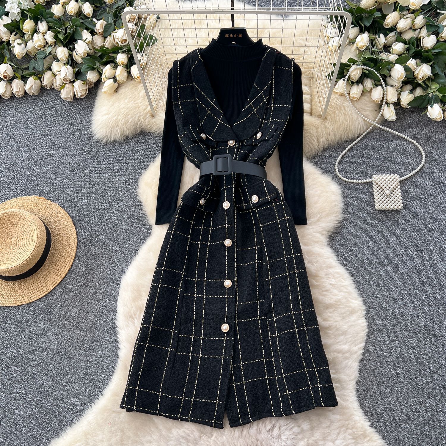 Plaid Wool Blend Sleeveless Dress Set Elegant French Style Layered with Turtleneck Long Sleeve Knit Top Autumn Fashion