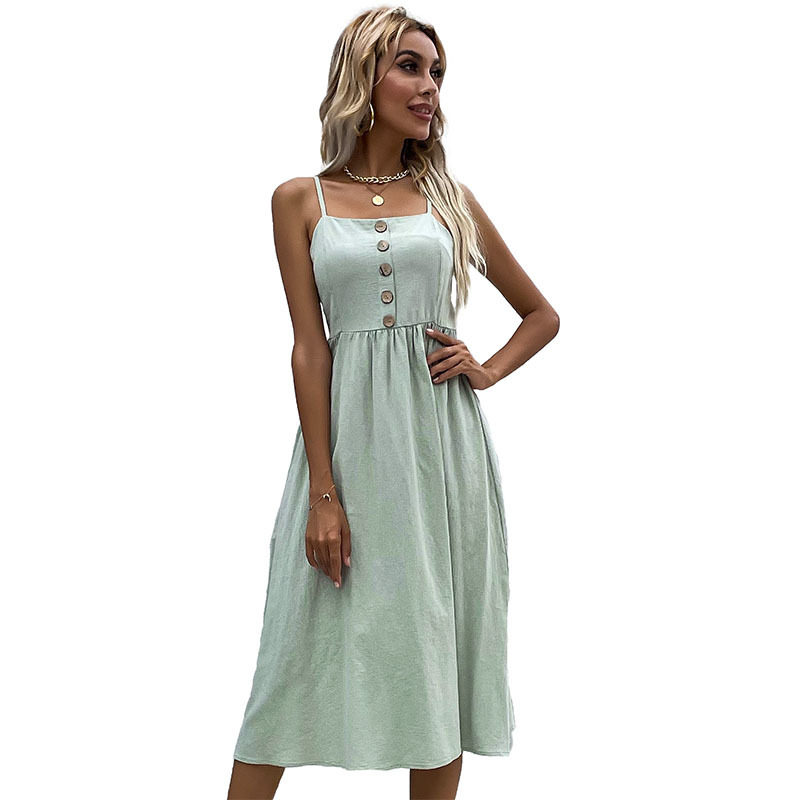 Summer Womens Casual Dress Slim Fit Solid Color Cotton Linen Blend Spaghetti Straps Perfect for Beach or Party