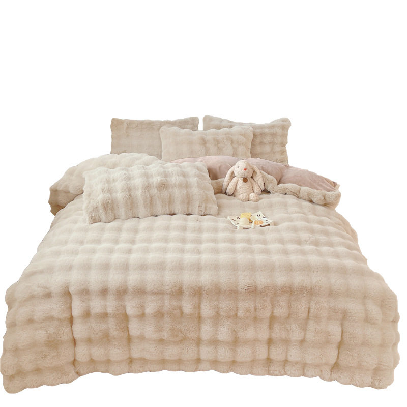Class A High-weight Rabbit Fur Four-piece Set Winter Light Luxury Bubble Milk Velvet Dormitory Quilt Cover Three-piece Set 8 Jin Double-sided Velvet