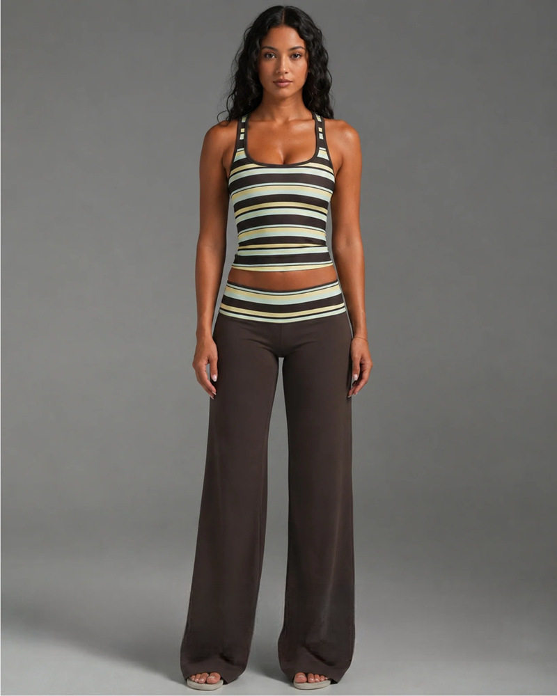 Sleeveless U Neck Striped Top and Long Pants Set Slim Fit Casual Style Summer Wear Wholesale Available