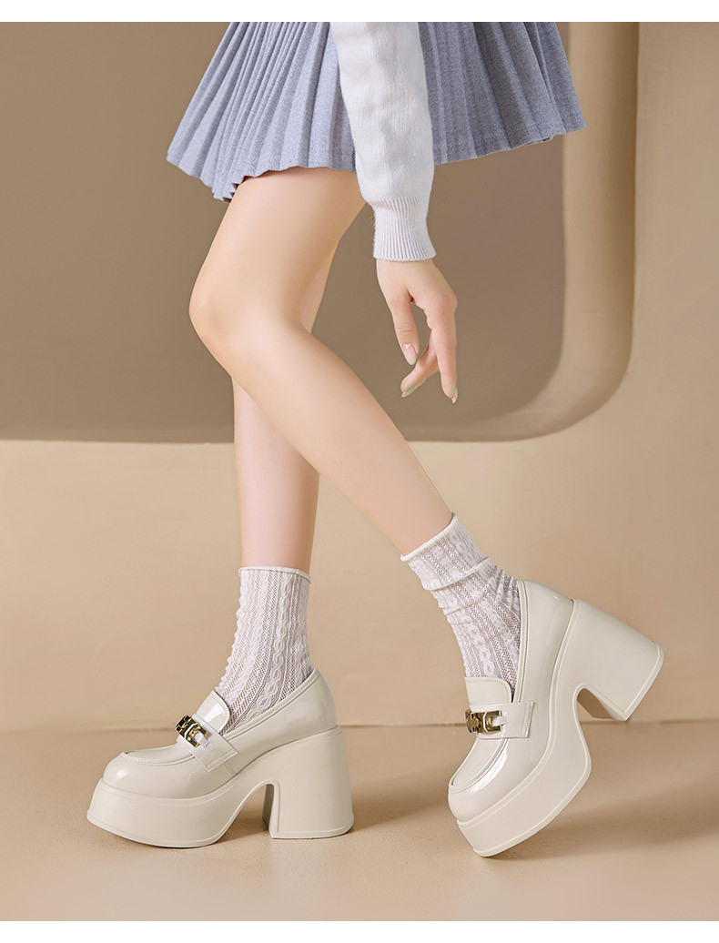 Giày lười nữ da bóng đế dày tăng chiều cao 10cm — màu đen, Màu trắng ngà