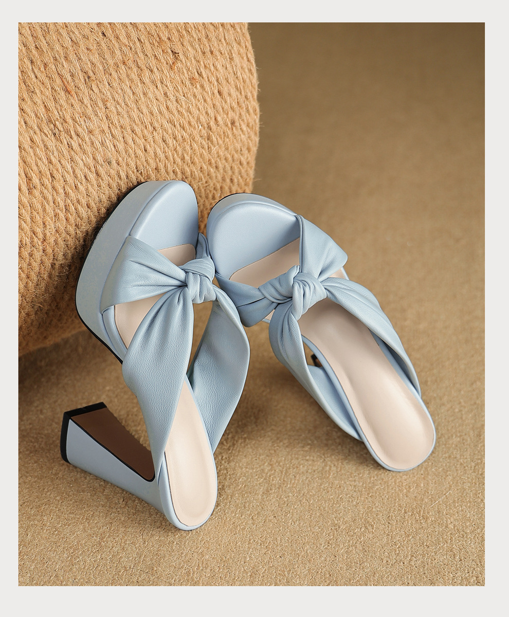 Sandal nữ quai ngang gót thô đế xuồng, mũi tròn da cừu, đi ngoài trời — Đen 10cm, Đen 8cm, Màu hồng 10cm, Màu hồng 8cm