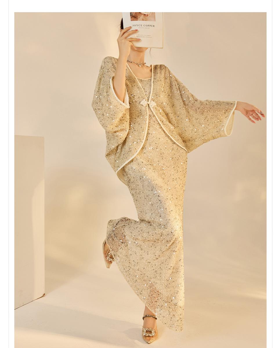 Bộ đầm dài kèm áo khoác ngoài đính sequin thêu nổi bật — Áo khoác (giao hàng trong 7 ngày), Áo khoác (vận chuyển trong cùng ngày), Váy yếm (giao hàng trong 7 ngày), Váy yếm (giao hàng trong ngày)