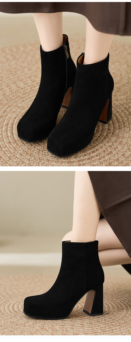Boot nữ gót thô mũi vuông đế dày platform khóa kéo bên hông — Da bò đen lót đơn, Lót nhung da bò đen, Lót nhung lộn đen, Lót trong sản phẩm đặt lại của Black Sheep