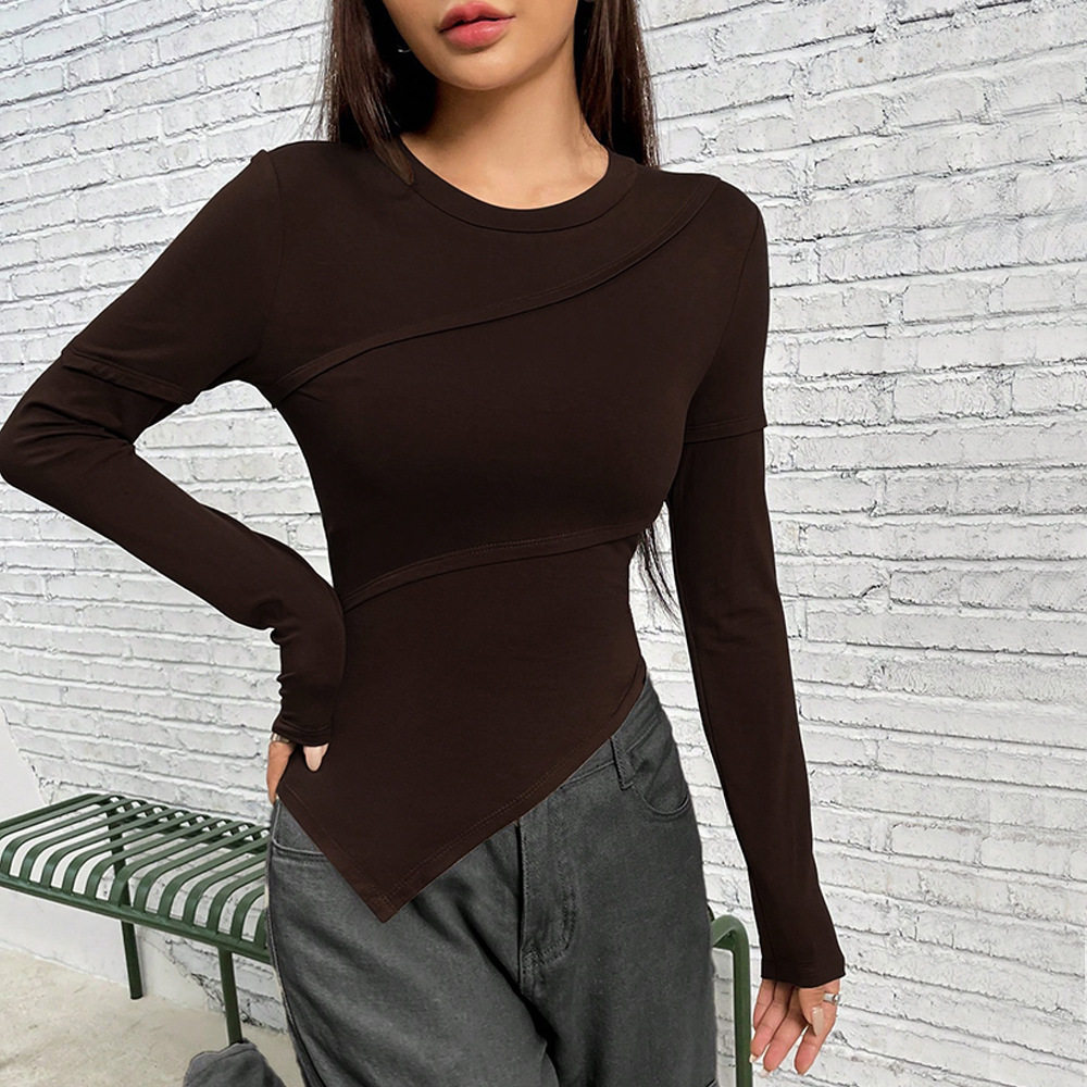 Womens Long Sleeve T Shirt Asymmetrical Neckline Slim Fit Solid Color Knitted Fabric Fall Winter Fashion