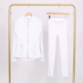 White gold zipper jacket and cropped pants suit