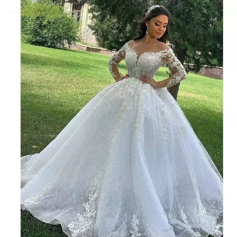 wedding dress mid-waist long-sleeved lace high-end niche one-shoulder trailing wedding dress