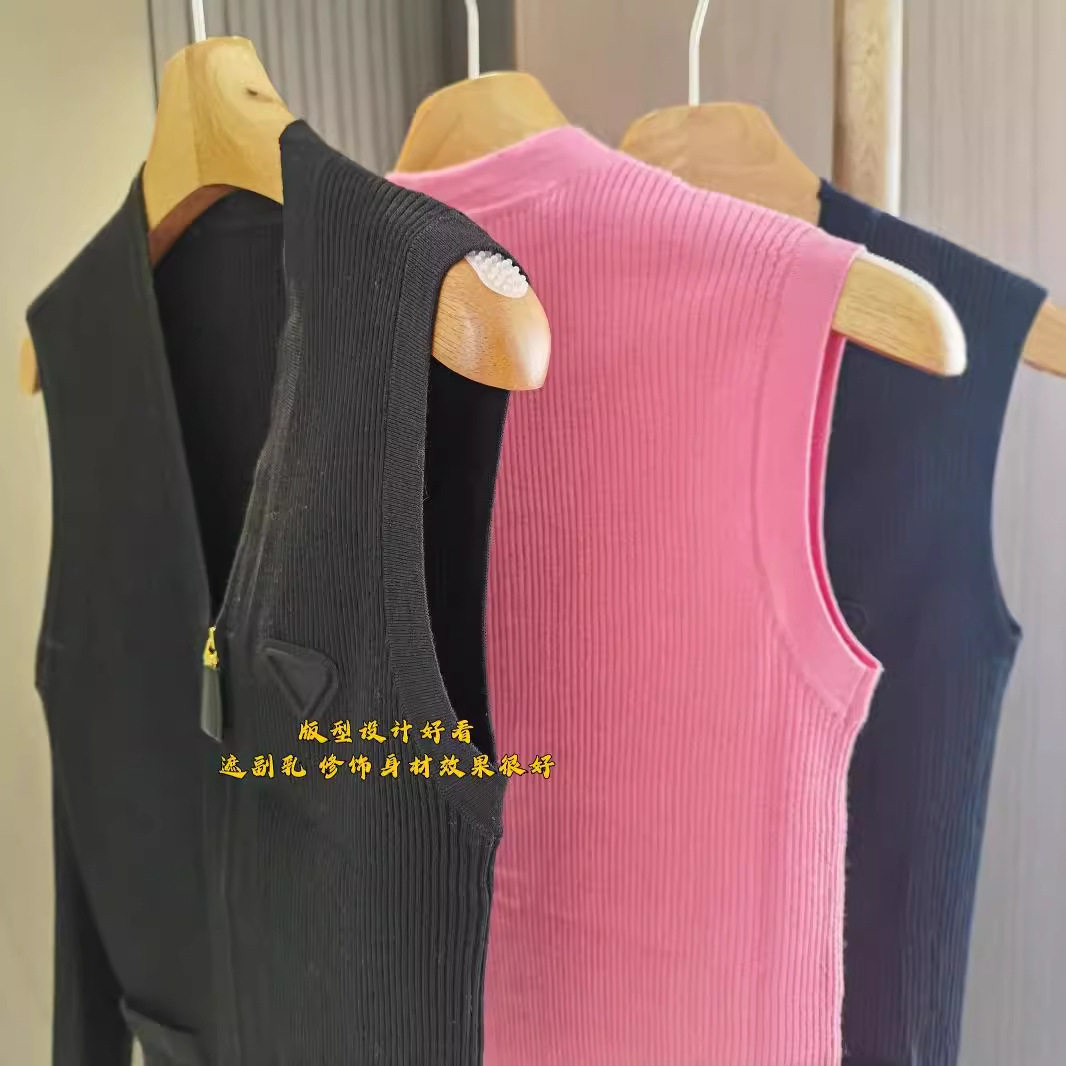 港米服饰/三角标美丽诺羊毛V领无袖拉链针织衫背心女