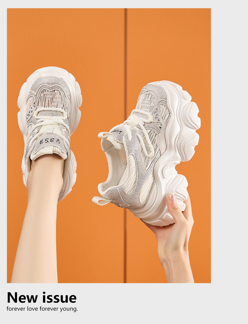 Giày sneaker nữ chunky đế dày lưới thoáng khí, tăng chiều cao, phong cách thể thao — Bạc, Trắng chi tiết 12