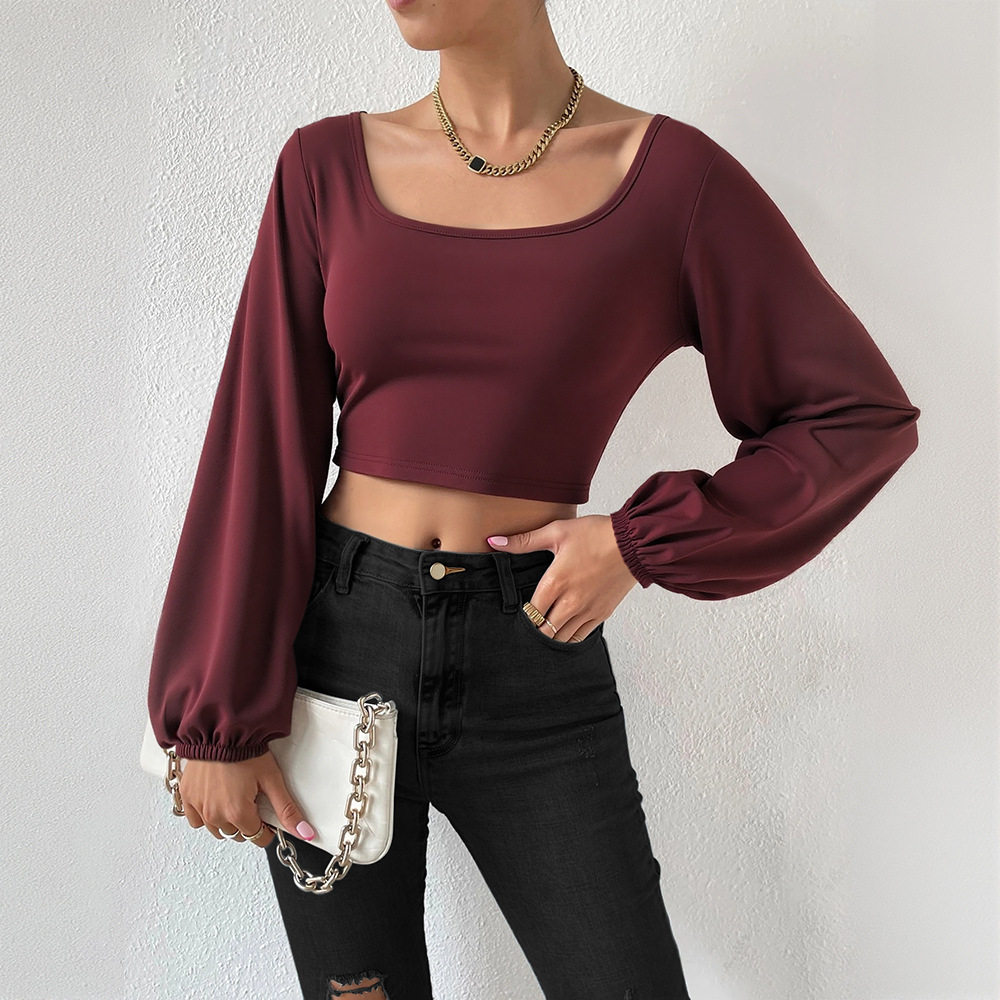 Wine Red Square Neck Short Knit Top for Women Long Sleeve Vintage Lantern Sleeves Slim Fit Spring Summer Casual Wear