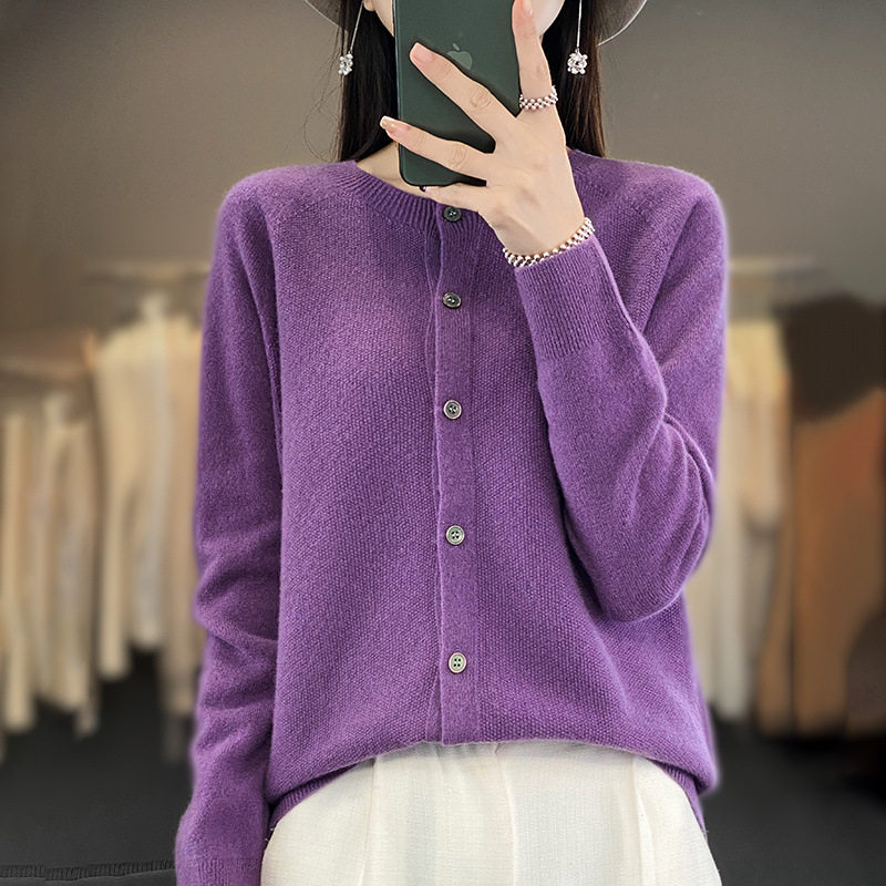 美丽诺纯羊毛开衫女一线成衣无缝一体金银丝外套针织长袖外搭毛衣
