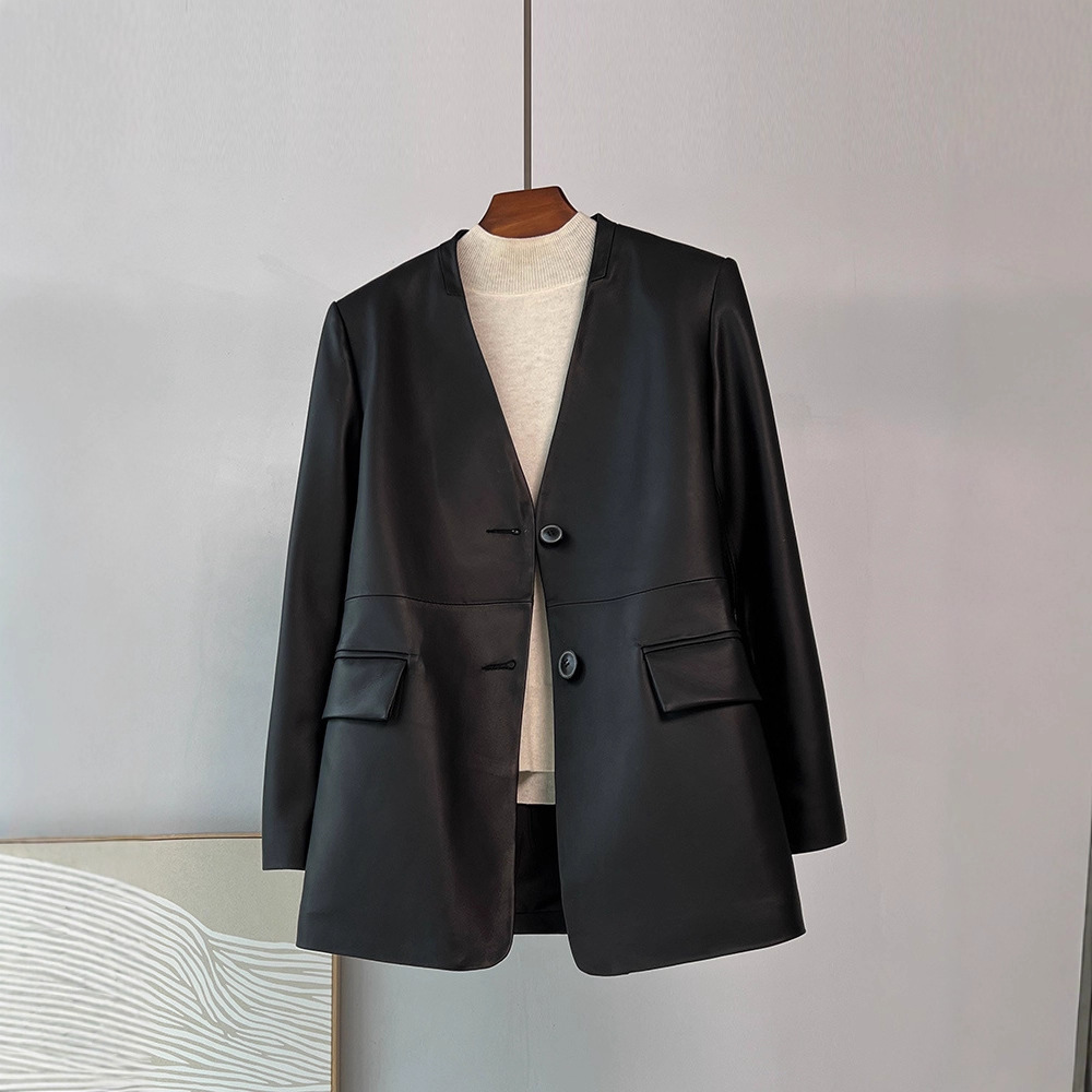 Áo khoác da cừu nữ dáng blazer không cổ — Màu đen không cổ, Phấn Xám không cổ