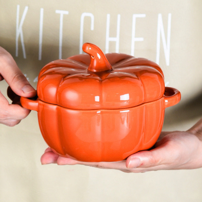 Creative binaural pumpkin ceramic bowl with lid household stew bowl kitchen children's soup bowl steamed egg salad dessert baking bowl