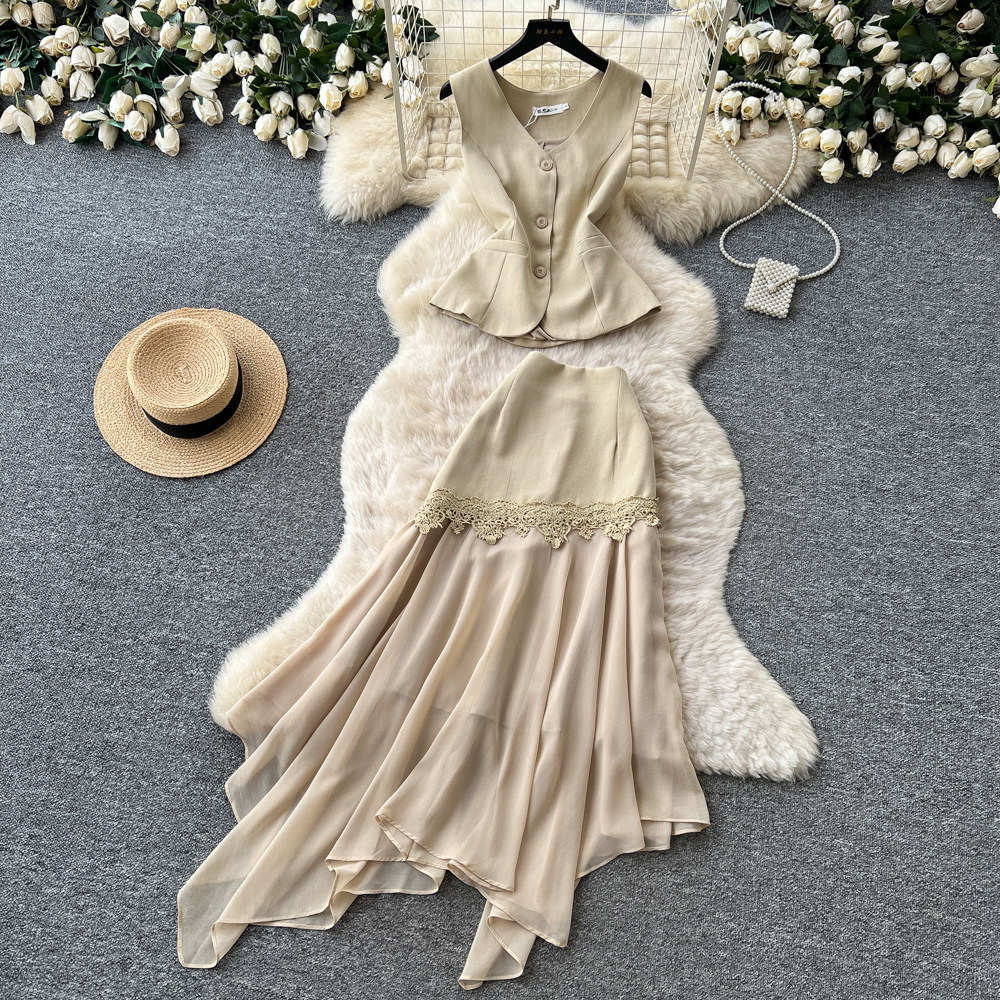 French Chic Lace and Mesh Two Piece Set Summer Waist Defining Irregular Hem Skirt Elegant Style Wholesale Available