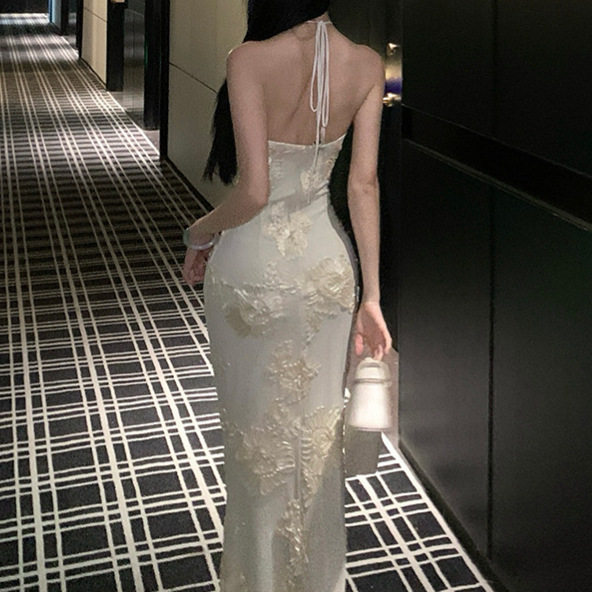 Backless Mermaid Long Dress Floral 3D Design Elegant Fit Sheer Fabric Perfect for Birthdays and Special Occasions