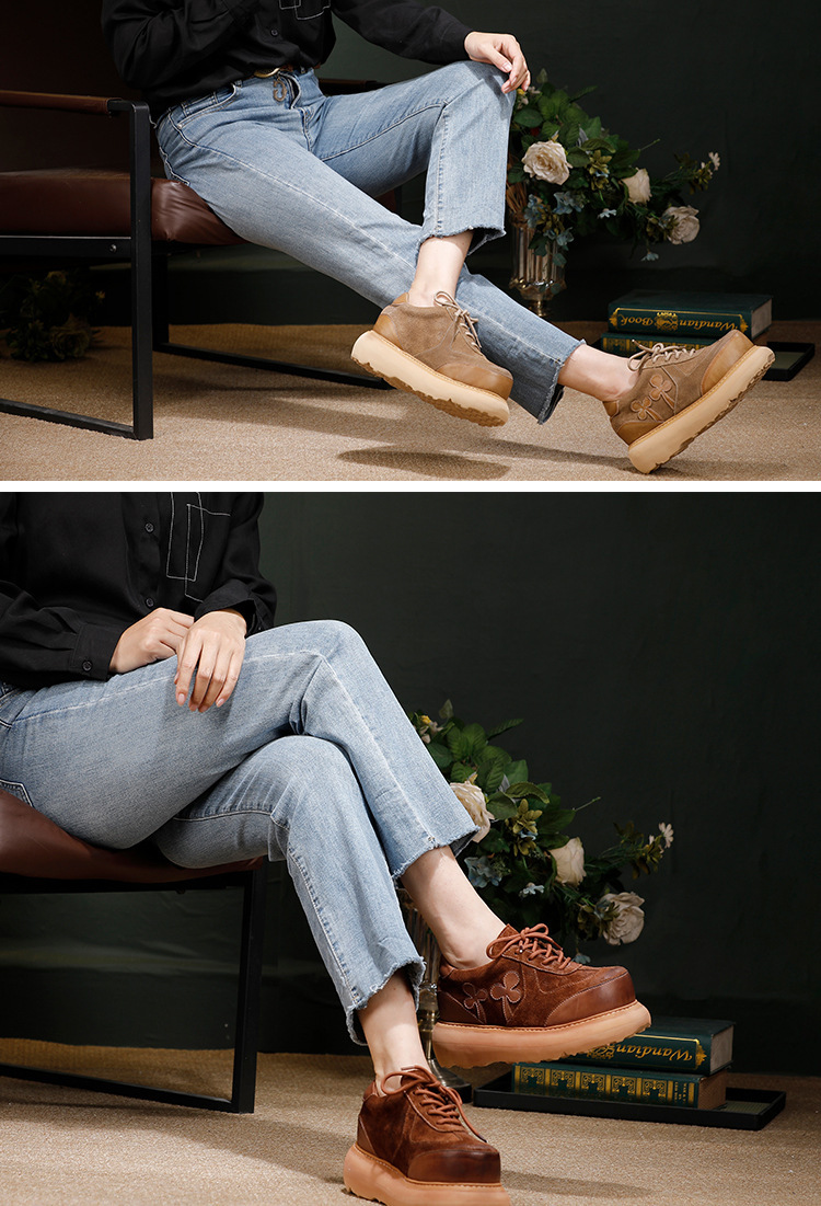 Giày lười nữ da bò thật đế dày 4cm êm chân phong cách cổ điển — Màu cà phê, Màu kaki