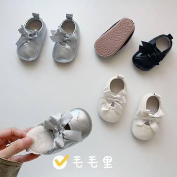 0-2 Years Old Winter Cute Baby Toddler Shoes Fleece-Lined Warm Rubber Sole Non-Slip Soft Bottom Bow Princess Baby Shoes