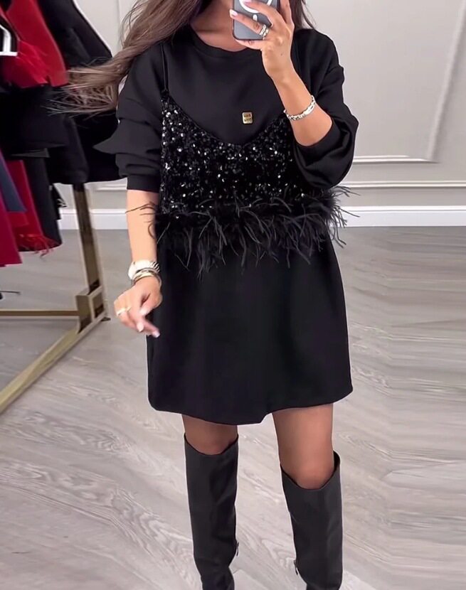 Winter Womens Dress Elegant Solid Color Round Neck Sequin and Feather Detail Evening Party Wear Wholesale Available