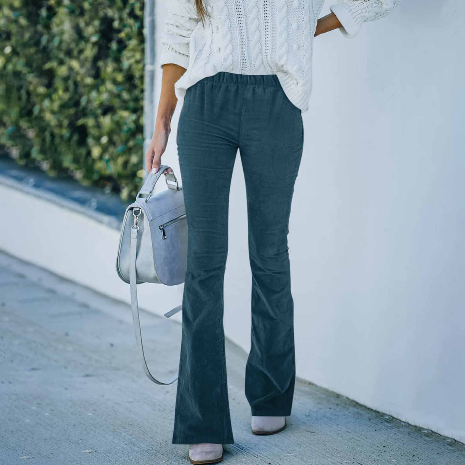 High Waisted Corduroy Slim Fit Flare Pants Solid Color Elastic Waist Casual Style Spring Summer Collection