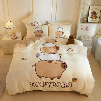 Kapibala Bed Four-Piece Milk Velvet Quilt Cover Boy Children Cartoon Dormitory Bedding Bed Sheets Three-Piece Set