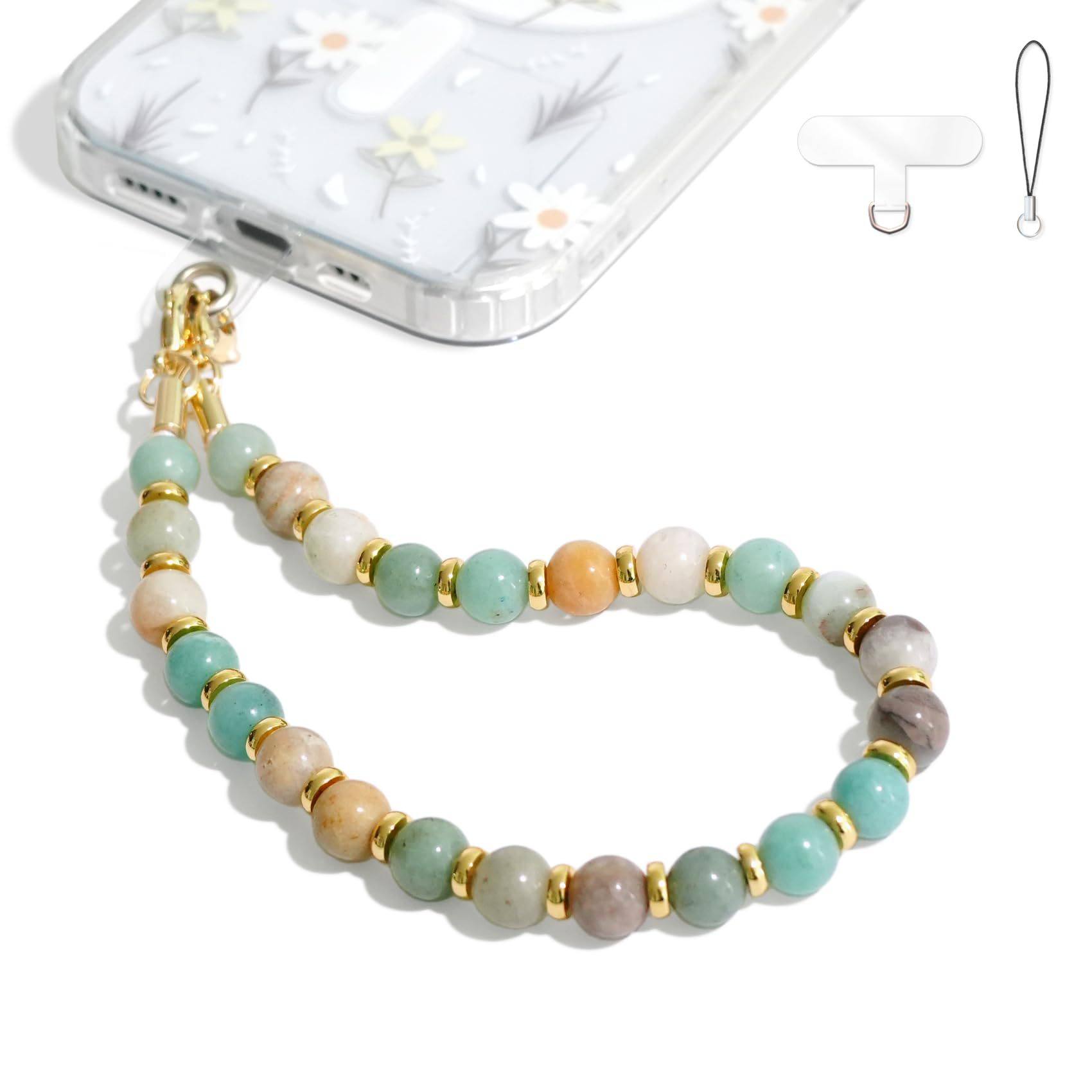 Natural Stone Beaded Mobile Phone Chain Gold Lobster Clasp Spacer Crystal Pendant Fresh Color Amazonite Mobile Phone Chain