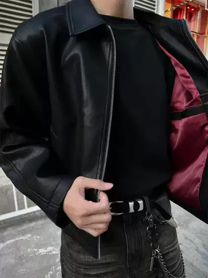 Red Inner Texture Black Short pu Leather Jacket Men's Spring and Autumn New American Style Fashionable Brand High-end Feeling Puppy Handsome Lapel Jacket