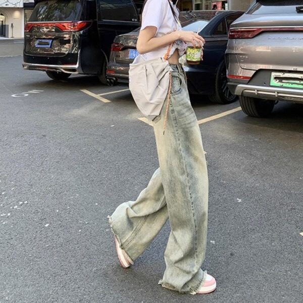 High Waisted Wide Leg Distressed Denim Jeans for Women Vintage Style Loose Fit Lightweight Spring Summer Wholesale