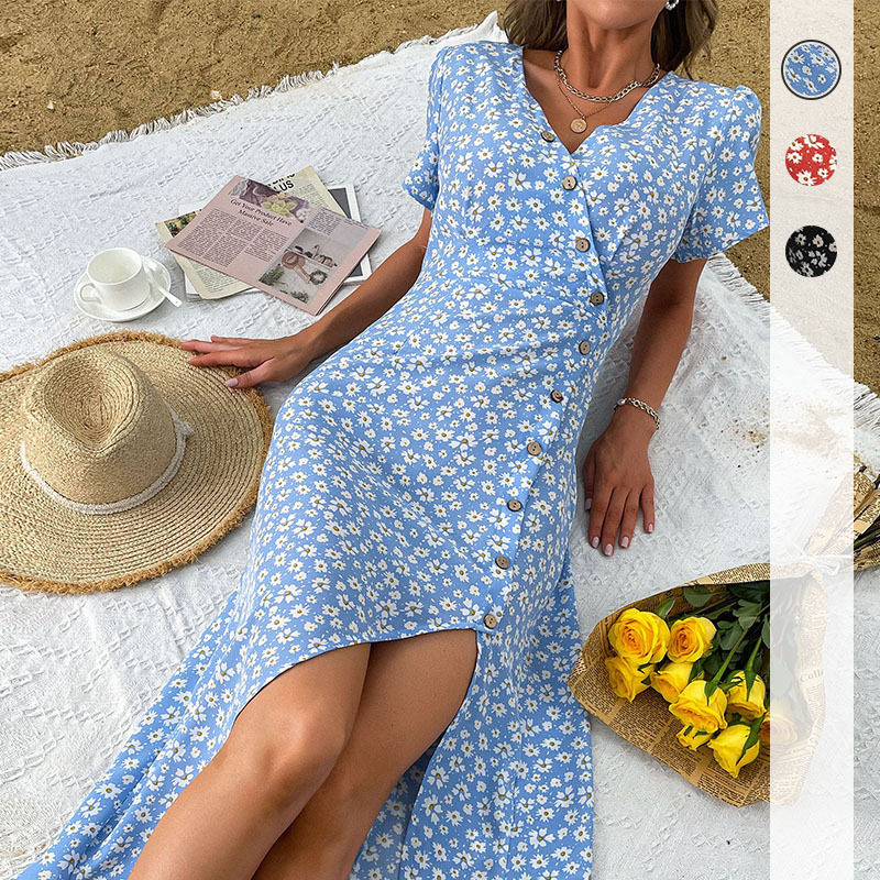 Blue Floral Print Summer Dress for Women Slim Fit Fresh Country Style Perfect for Casual Outings Wholesale Available