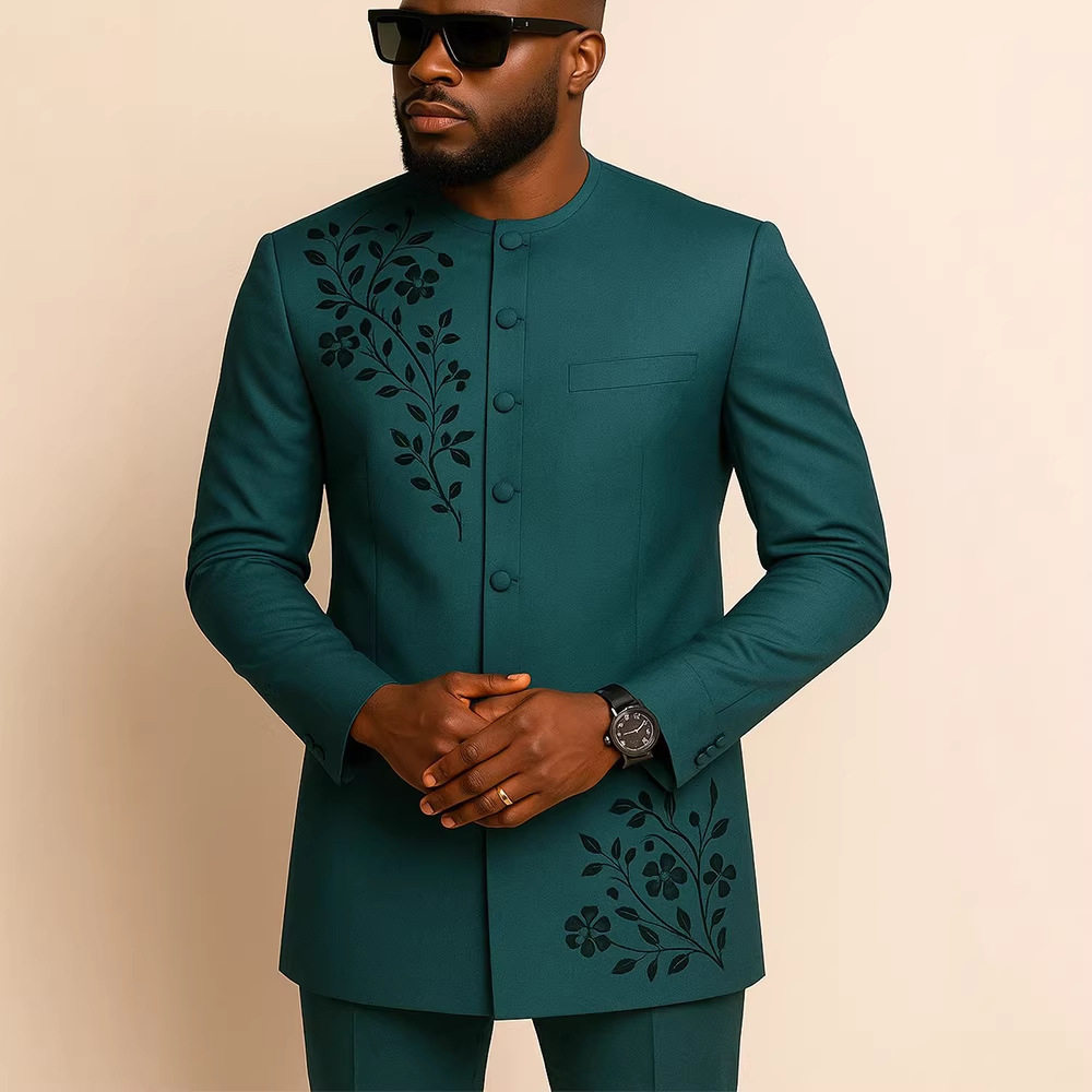 传统外贸非洲风格男士结婚新西装2件套圆领长袖上衣加裤子外贸